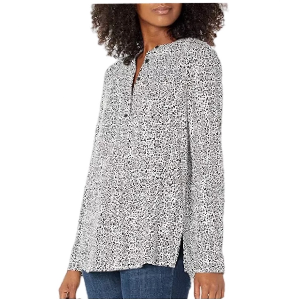 Amazon Essentials Womens 3/4 Sleeve Button Popover Shirt Black White Animal Prin